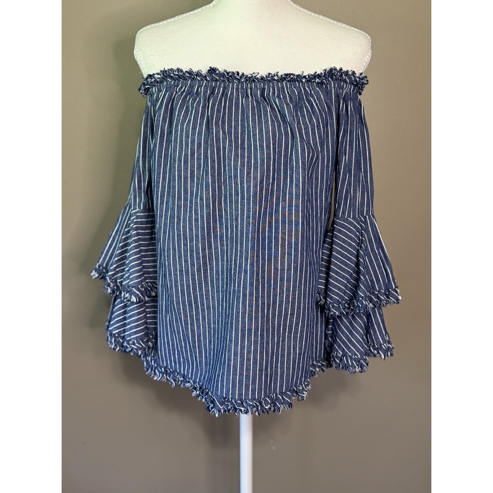 ECI Blue White Stripe Ruffle Off The Shoulder Blouse Womens Size M